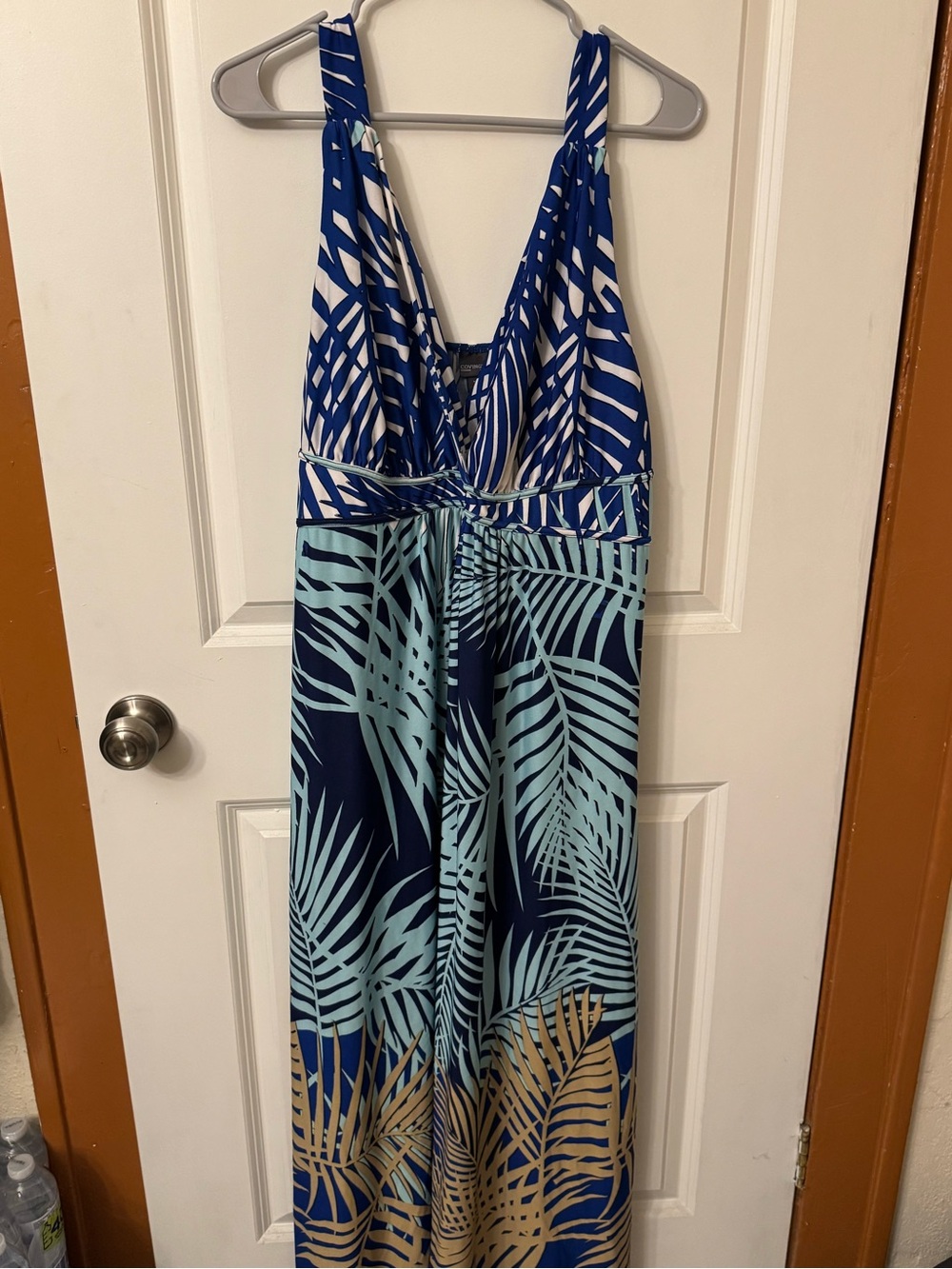Covington Palm Leaf One-Piece Maxi Dress in Navy, Light Blue & Tan